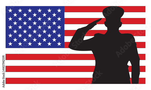 Saluting Soldier Silhouette Over American Flag Background - Patriotic Military Tribute