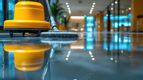 Commercial floor cleaning machine in action.  A powerful scrubber-dryer cleans a polished floor, leaving a streak-free finish.  Fog/steam/water is visible on the floor