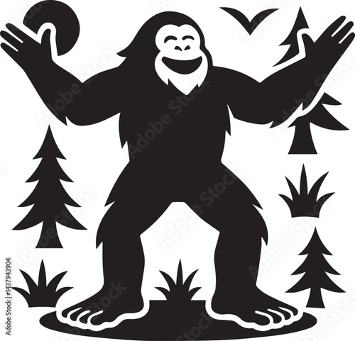 Yeti black and white is representing himself as a big creature of the world silhouette vector design