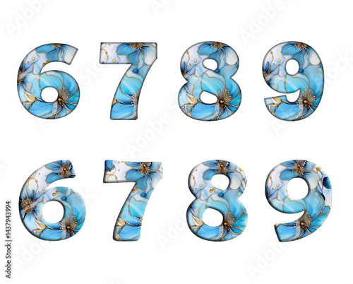 Blue and Gold Alcohol Ink Floral 6, 7, 8, 9 Number letter text typography font design