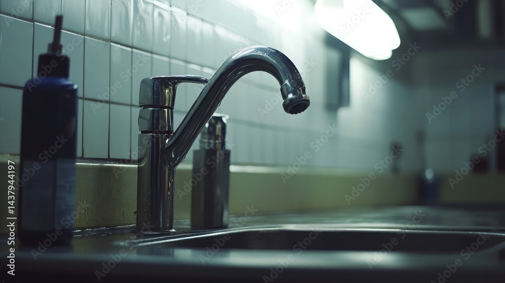 Stainless steel tap in a commercial kitchen, shiny and reflecting fluorescent lights