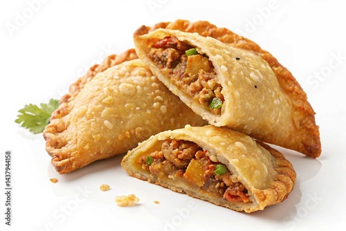 Two crispy fried empanadas isolated on white background