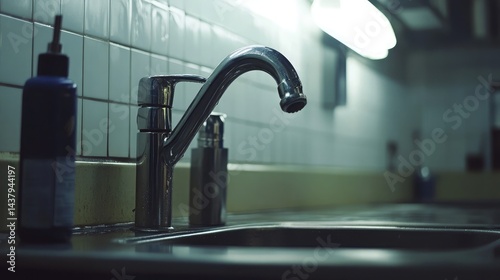 Obraz na płótnie Stainless steel tap in a commercial kitchen, shiny and reflecting fluorescent lights w salonie