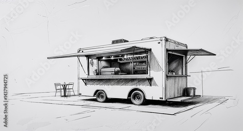 Pop up food truck restaurant shop building design in sketch hand drawing black and white on plain white background