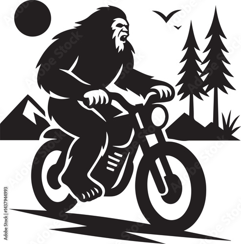 Bigfoot Yeti black and white driving a motorbike silhouette vector design