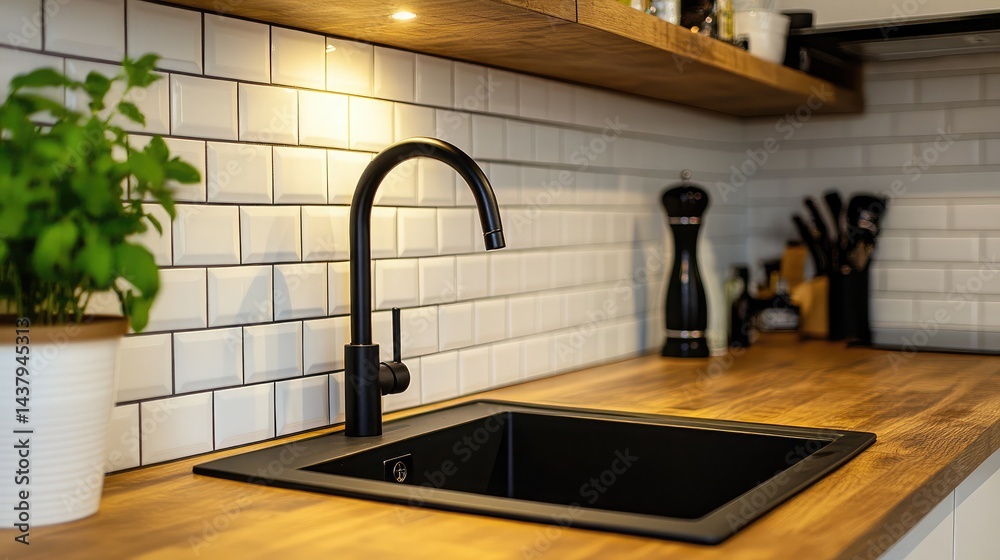 Wall-mounted black matte tap in a minimalistic kitchen setup with wooden countertops