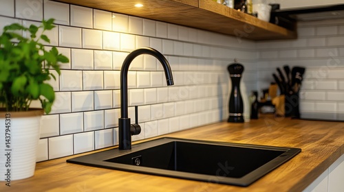 Obraz na płótnie Wall-mounted black matte tap in a minimalistic kitchen setup with wooden countertops w salonie