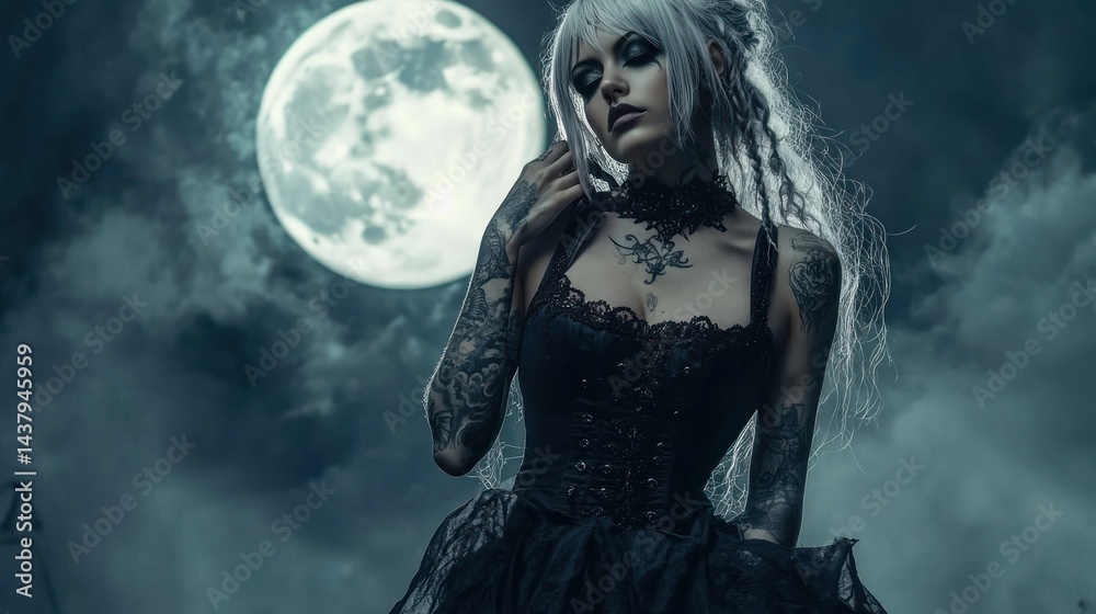 Gothic woman with white hair and tattoos wearing a dark corset standing under the moon background wallpaper AI generated image