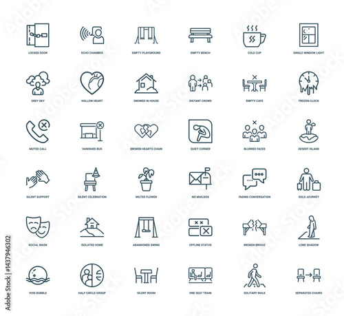 social isolation and loneliness icon set, forgotten single quiet stillness