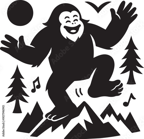 A cute Yeti black and white is dancing on the mountain silhouette vector design