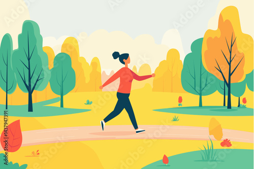 Woman walking in a colorful autumn park scene.
