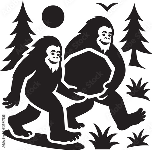 two Bigfoot Yetis black and white is carrying a big stone silhouette vector design