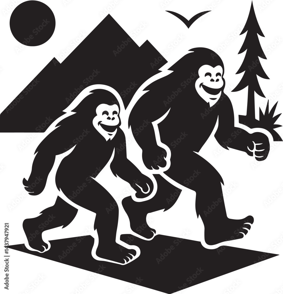 Fototapeta premium two Bigfoot Yetis black and white is running on the mountain silhouette vector design