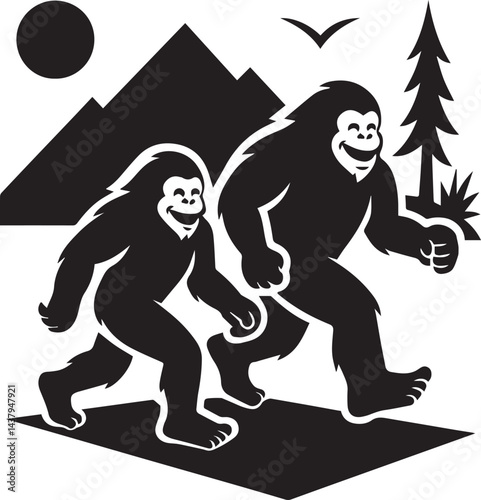 two Bigfoot Yetis black and white is running on the mountain silhouette vector design