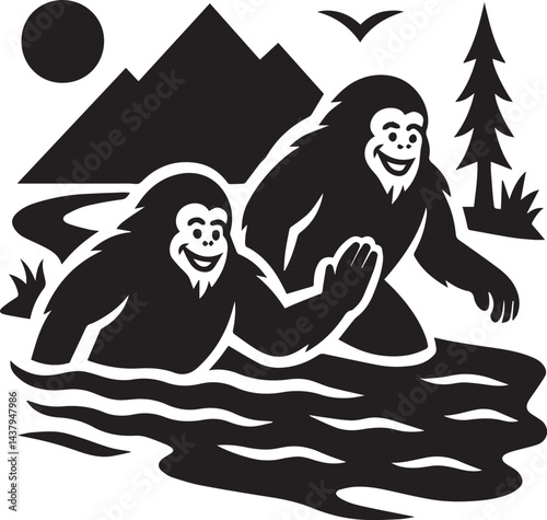 two Bigfoot Yetis black and white is swimming on the river silhouette vector design