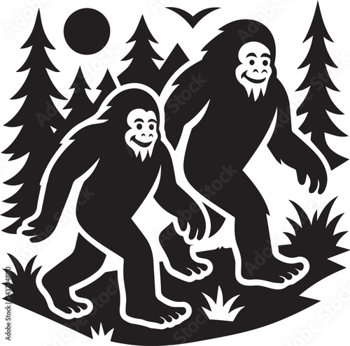 two Bigfoot Yetis black and white is walking on the forest silhouette vector design
