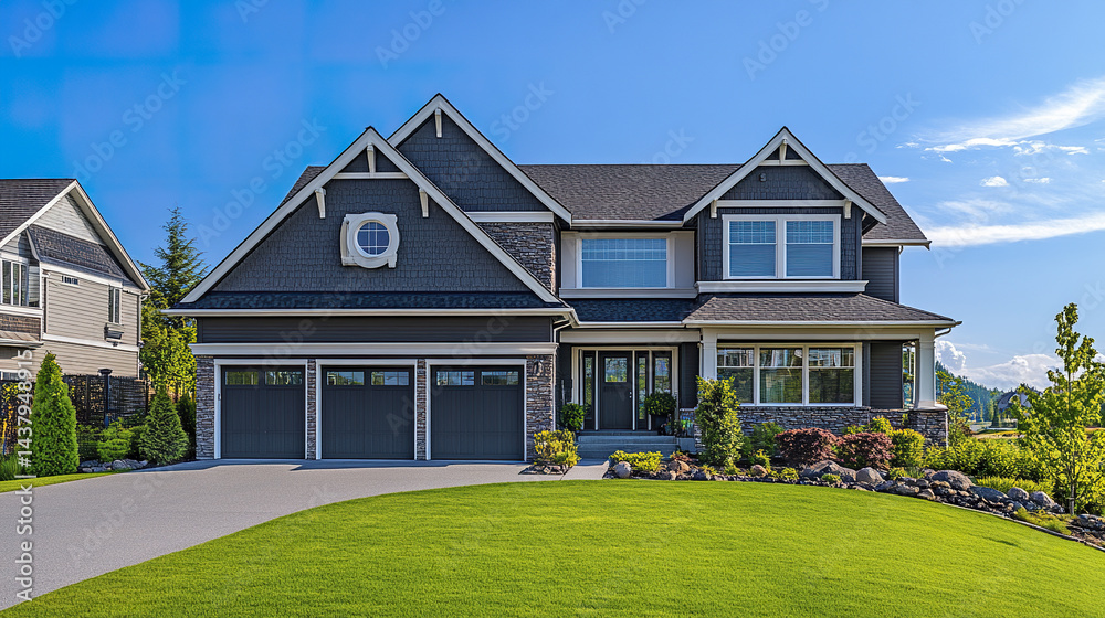 Obraz premium beautiful American suburban house with double garage and manicured lawn, showcasing modern