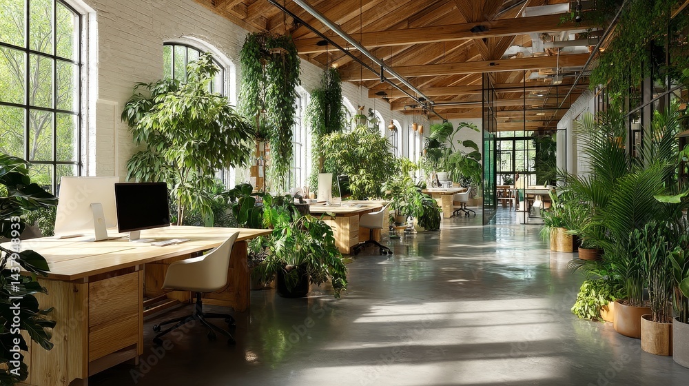 Fototapeta premium A sunlit modern office interior with lush indoor plants and greenery, creating an eco-friendly, sustainable workplace with natural lighting, designed for a vibrant and productive work environment.