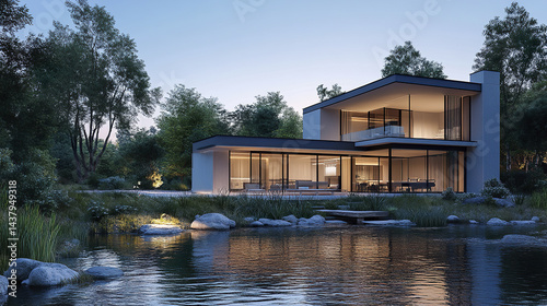 modern house surrounded by nature, featuring large windows and serene pond