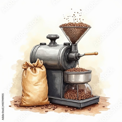Vintage Coffee Bean Grinder Machine with Burlap Sack, Roasted Coffee Beans, Watercolor Illustration