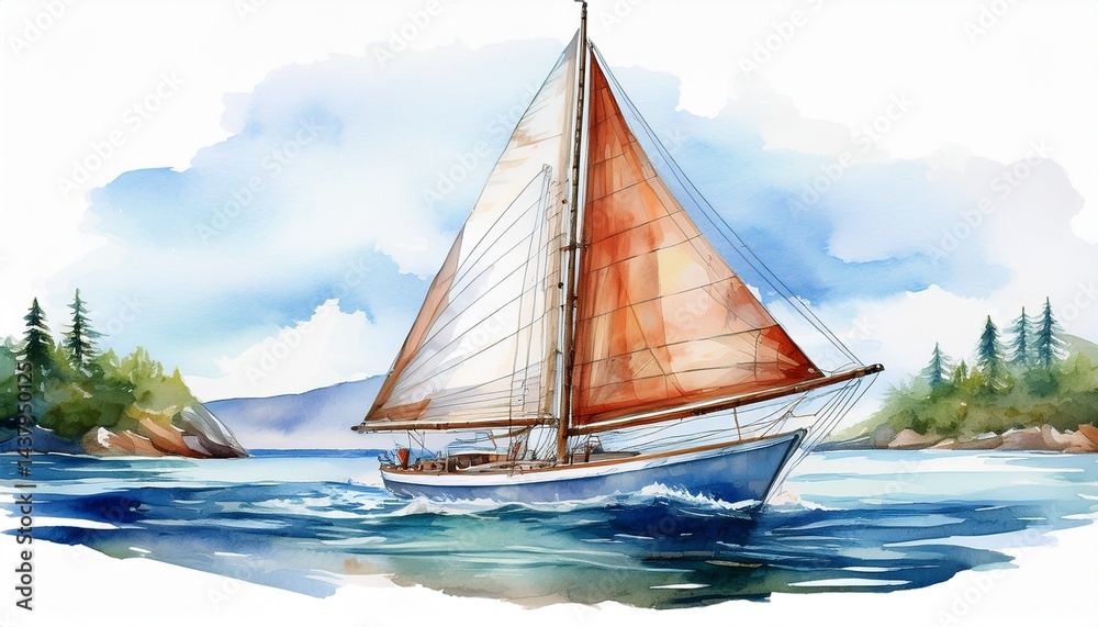Fototapeta premium sailboat watercolor illustration isolated on transparent sea for art work