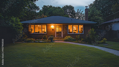 charming suburban house illuminated from within, creating warm and inviting atmosphere