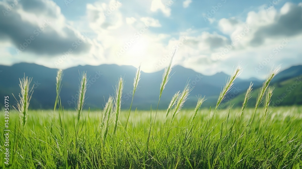 Obraz premium Long grass field reacting to mountain wind, wide closeup, cinematic symmetry