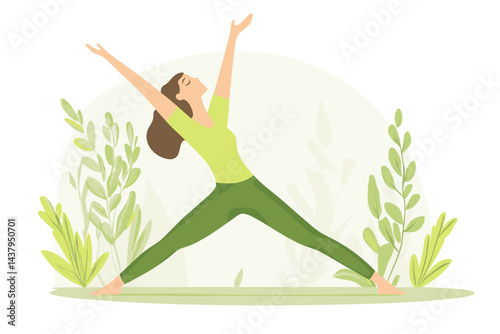 A joyful woman practicing yoga amidst green plants.