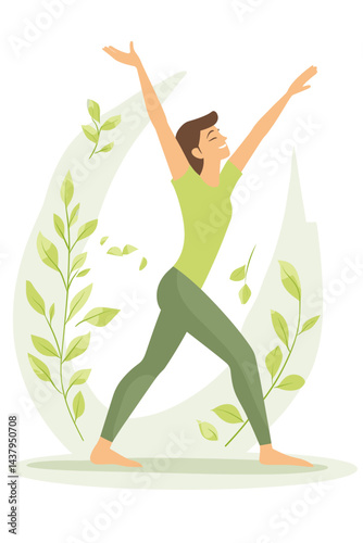 A joyful woman practicing yoga amidst green plants.