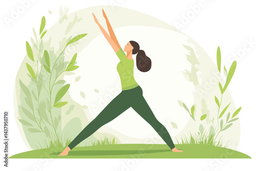 A joyful woman practicing yoga amidst green plants.