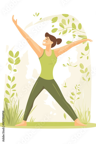 A joyful woman practicing yoga amidst green plants.