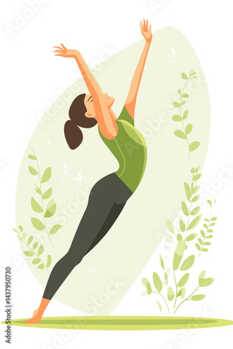 A joyful woman practicing yoga amidst green plants.