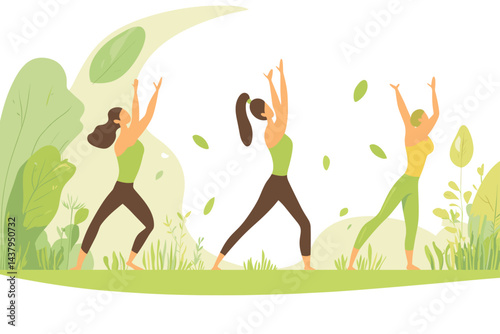 A joyful woman practicing yoga amidst green plants.