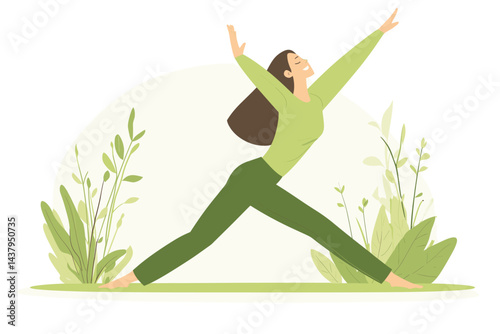 A joyful woman practicing yoga amidst green plants.