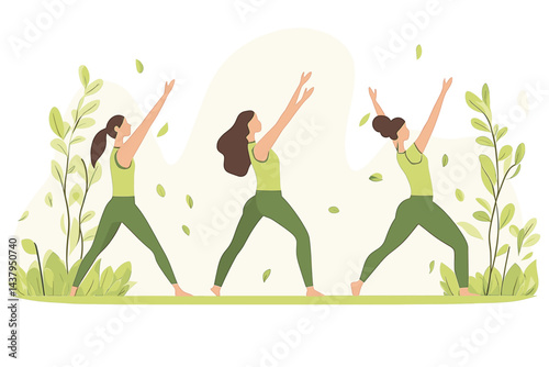 A joyful woman practicing yoga amidst green plants.
