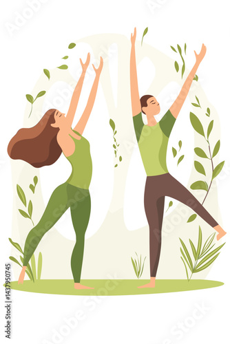 A joyful woman practicing yoga amidst green plants.