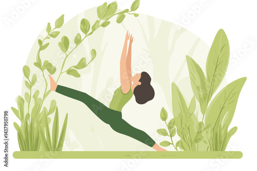 A joyful woman practicing yoga amidst green plants.