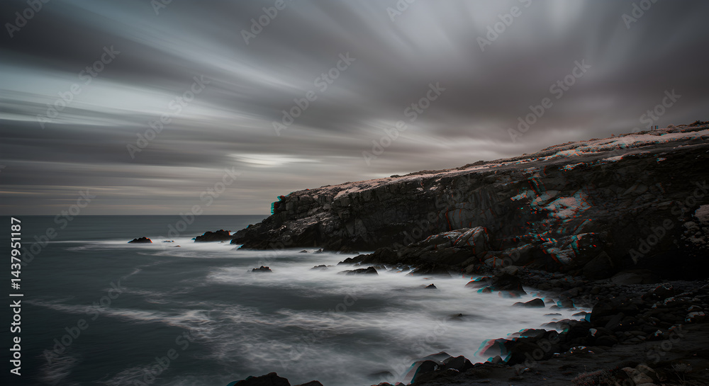 Fototapeta premium Dramatic Cliffside Landscape With Flowing Clouds And Ocean Waves