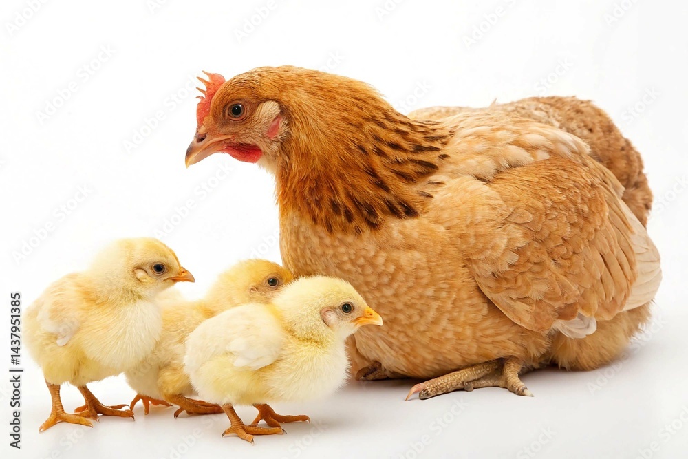 Fototapeta premium Hen with its chicks isolated on white background