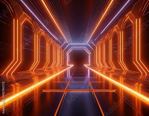 futuristic sci fi bright empty background with orange neon lights visualization ultraviolet spectrum laser show fashion catwalk stage floor reflection