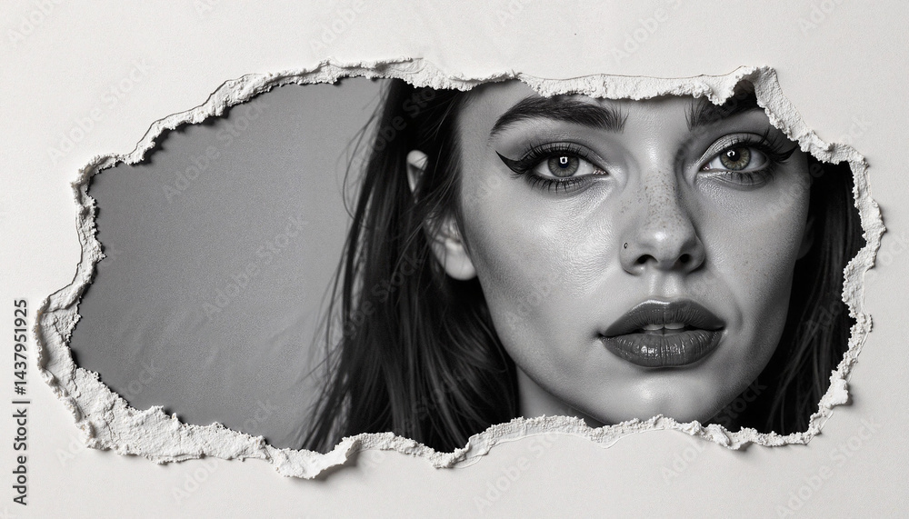 Torn Paper Effect Portrait of a Woman with Intense Expression