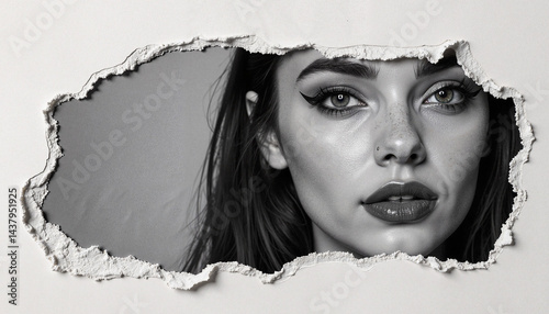 Torn Paper Effect Portrait of a Woman with Intense Expression  