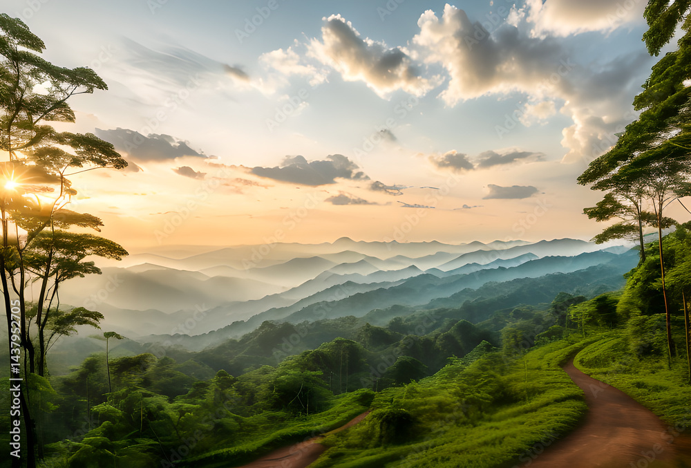 Fototapeta premium A scenic mountain road winding through lush green hills under a golden sunset sky. Misty layers of mountains create depth and tranquility, perfect for travel, adventure, and nature themes
