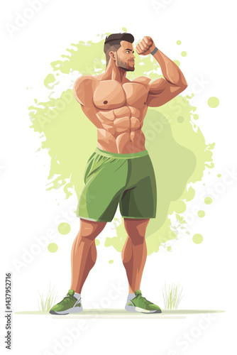 Muscular man flexing in a vibrant green cartoon style.