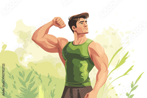 Muscular man flexing in a vibrant green cartoon style.