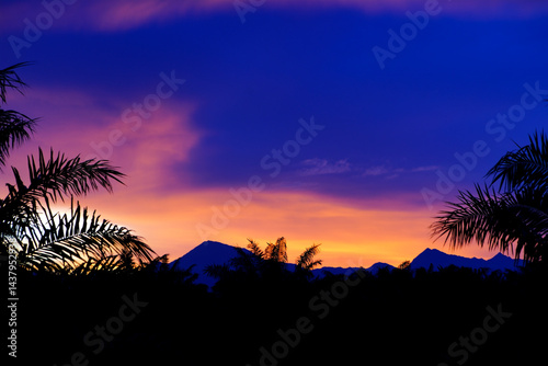 Majestic Sunset Over Mountain Range with Silhouetted Palm Trees
