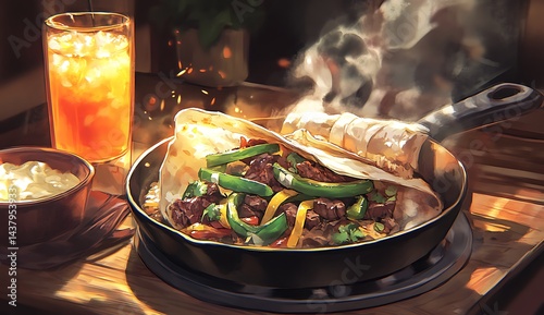 Hot cast-iron skillet filled with delicious fajita tacos, tender beef strips, crunchy lettuce, vibrant red bell peppers, and delicious spices