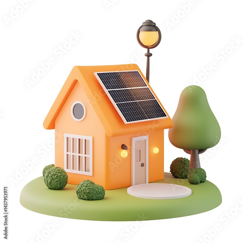 Icon of an orange-colored house with rooftop solar panels on a white background – simple, eco-friendly, sustainable energy home illustration.