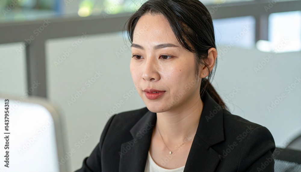 Fototapeta premium 現代的なオフィス空間で、黒いスーツを着た日本人女性ビジネスマンがパソコンを操作し真剣に仕事に取り組む