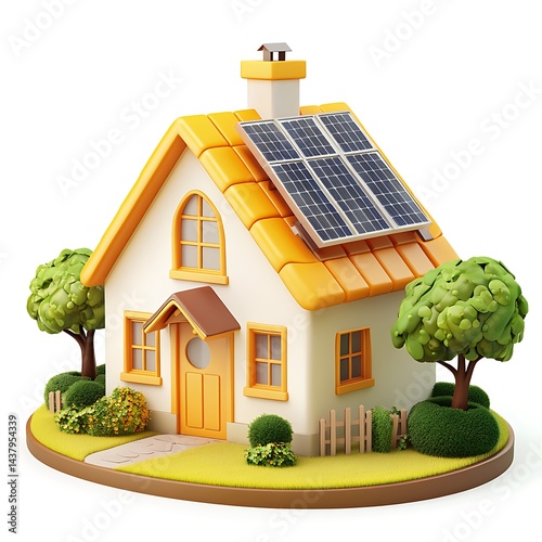 Icon of an orange-colored house with rooftop solar panels on a white background – simple, eco-friendly, sustainable energy home illustration.